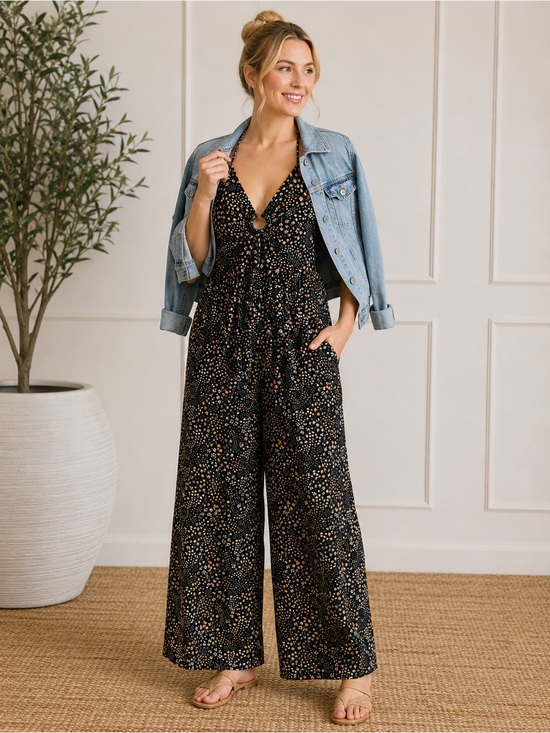 SO Pants - SO Floral Jumpsuit XS | Black Wide Leg Romper | Boho Tie Strap Jumpsuit